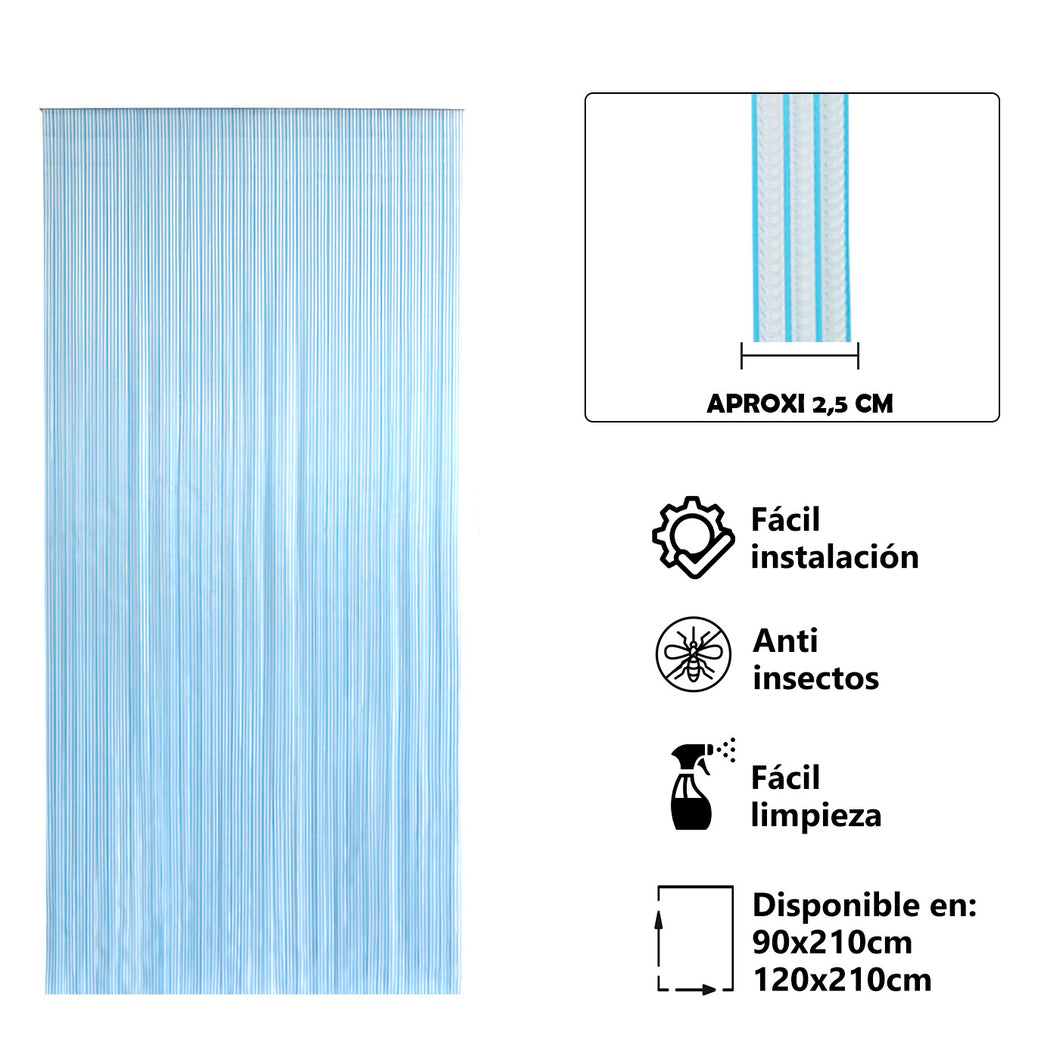 Cortina para Puerta Tiras PVC - Modelo Tosca. Color Transparente con Filo Azul 